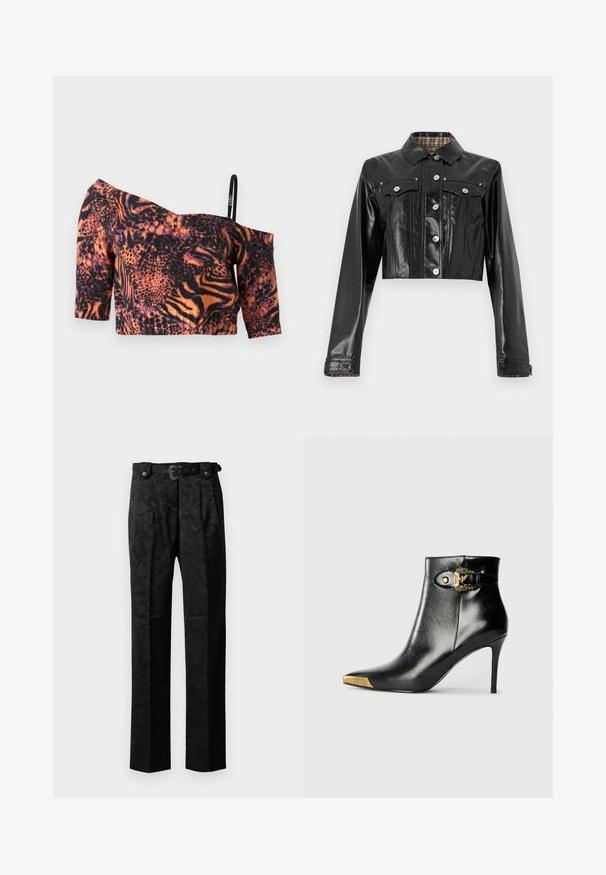 Rabanne Τζιν μπουφάν - black; Crop top εκτός του ώμου με ζωηρό πορτοκαλί και μαύρο σχέδιο ζώου, κοντά μανίκια, ραβδωτή υφή και λεπτό ρυθμιζόμενο λουράκι.; Μαύρο επίσημο παντελόνι με διακριτικό λουλουδάτο μοτίβο, πλαϊνές πιέτες, θηλιές ζώνης και μια διακοσμητική ζώνη με αγκράφα σε απλό φόντο.; Μαύρο μποτάκι αστραγάλου από λαμπερό δέρμα, με μυτερή μύτη, τακούνι στιλέτο και χρυσούς μεταλλικούς εξαρτήματς με διακοσμητική αγκράφα.