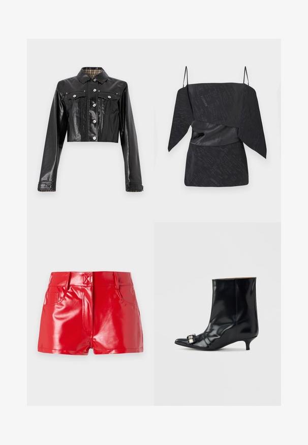 Rabanne Cowboyjakker - black; Sort top med et tekstureret mønster, der har draperet design, justerbare spaghetti-stropper og en taljeret detalje.; Røde faux læder shorts med en blank finish, der har høj talje, forlommer og syningsdetaljer. Struktureret, tætsiddende design.; Sort læder ankelstøvle med spids tå, lav kitten-hæl og dekorativ sølvspænde på siden nær tåen.