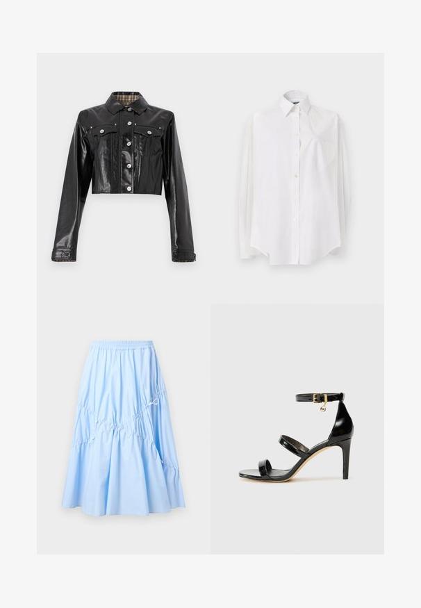 Rabanne Veste en jean - black; Chemise blanche à manches longues en tissu léger, dotée d'un col classique, d'une fermeture à boutons et d'une poche en forme de cœur sur le côté gauche.; Jupe midi bleu clair avec taille élastique, détails froncés et cordons ajustables pour une silhouette évasée.; Sandale en cuir verni noir avec trois brides, boucle de cheville et talon aiguille de 10 cm. Présente un détail en métal doré et un charm logo.