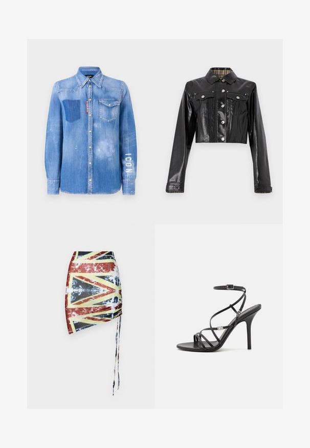 Rabanne Veste en jean - black; Chemise en denim bleu clair avec une finition délavée. Dotée d'une poche plaquée, d'un col à bouton et du texte blanc "ICON" sur la manche.; Sinead Gorey LARGE UNION JACK PRINT RUCHED SKIRT - Minijupe - red; Sandale noire à talons hauts avec des brides fines, une boucle à la cheville, une surface en cuir lisse et un talon aiguille élancé.