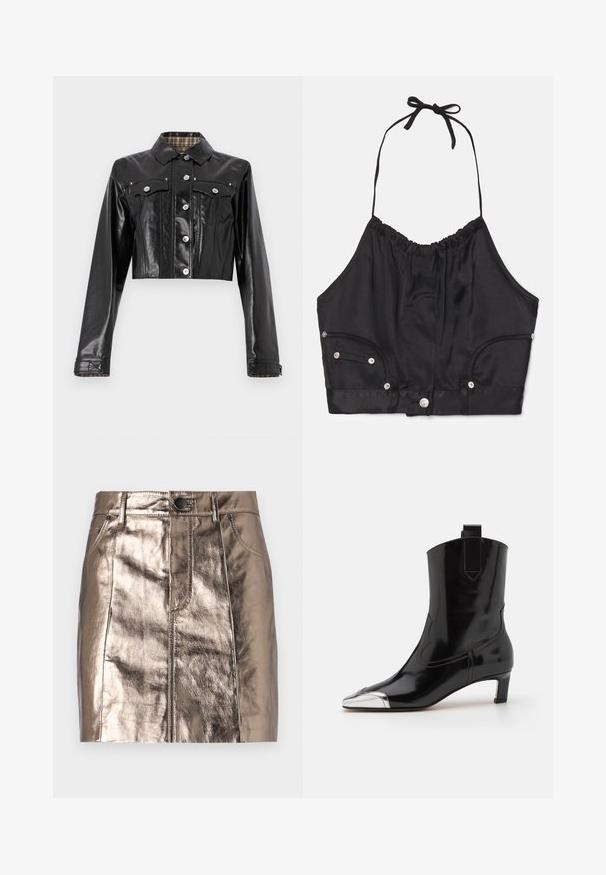 Rabanne Cowboyjakker - black; Sort satin halterneck crop top med samlede tekstur, justerbar snor i halsen, knapper foran og to sidelommer med sølv hardware detaljer.; Metallic bronze denim minibukser med lige skæring, forlommer og taljebånd med knaplukning. Glat og blank tekstur.; ALOHAS SHIMMER BICOLOR BOOTS - Støvletter - black/silver