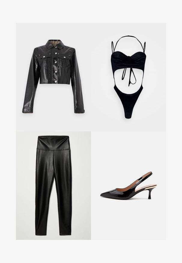 Rabanne Spijkerjas - black; GmbH WITH CUPS - Top - black; Zwarte nepleer legging met een hoge tailleband, met een gladde textuur en een aansluitende pasvorm, die tot de enkels reikt.; Zwarte lakleren slingback pump met puntige neus en lage kittenheel op een eenvoudige witte achtergrond.