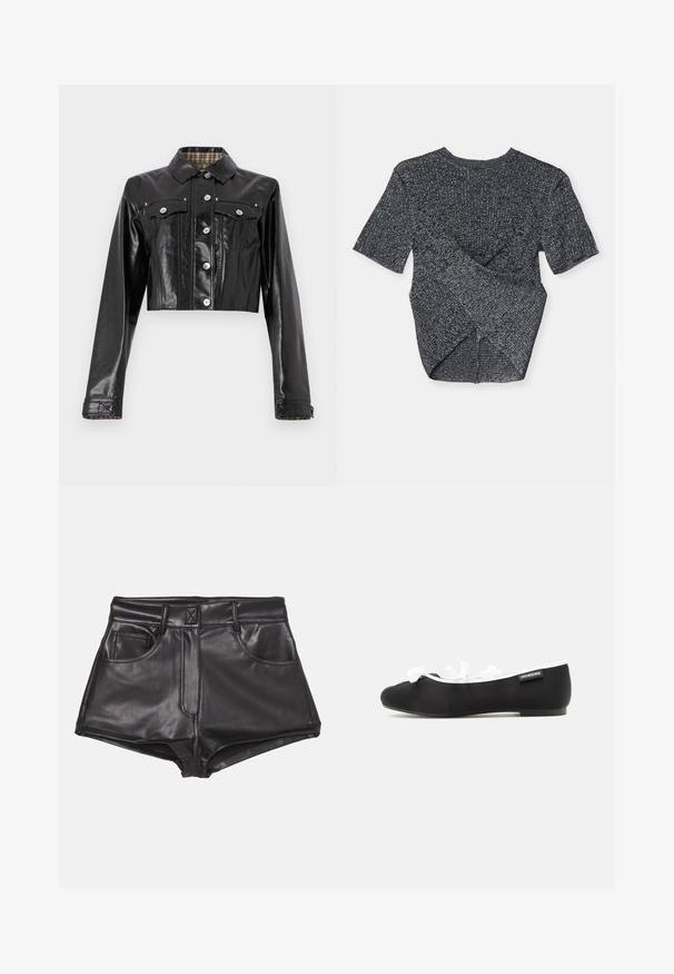 Rabanne Chaqueta vaquera - black; Top de punto gris de manga corta con un patrón texturizado, que presenta un diseño superpuesto en la parte posterior y un clásico cuello redondo.; Pantalones cortos de imitación cuero negros con cintura alta, que cuentan con dos bolsillos frontales, costuras visibles y una textura suave.; Bailarina plana negra con ribete blanco y detalles de lazo, con una pequeña etiqueta "Love Moschino" en el lateral.