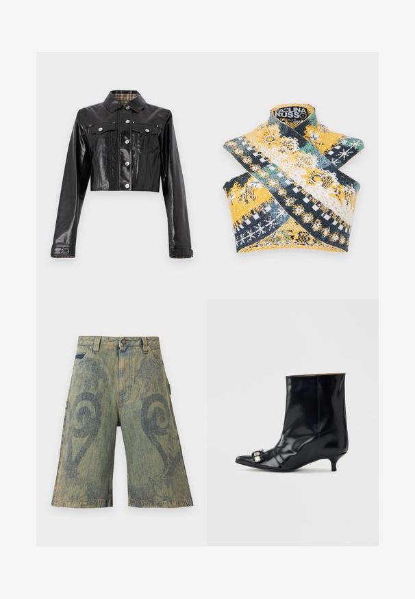 Rabanne Spijkerjas - black; Paolina Russo WARRIOR CROSSOVER - Top - indigo; Paolina Russo Jeansshort - sand; Zwarte leren enkellaars met een spits toelopende neus, lage kittenhak en een decoratieve zilveren gesp aan de zijkant bij de neus.