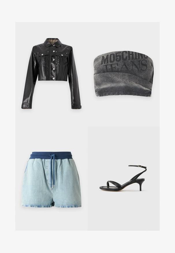 Rabanne Cowboyjakker - black; Sort denim bandeau med en tekstureret overflade og trykt "MO5CHING JEANS" i fed skrift. Har et glat kurvet design og stikninger i kanterne.; Lyst blå denim shorts med en elastisk marineblå talje. Har en snøre med sølvmetal spidser og et afslappet pasform design.; Sort damesandal i læder med tynde remme, en tå-loop, ankelspænde og en mellemhøj stiletthæl på en neutral baggrund.