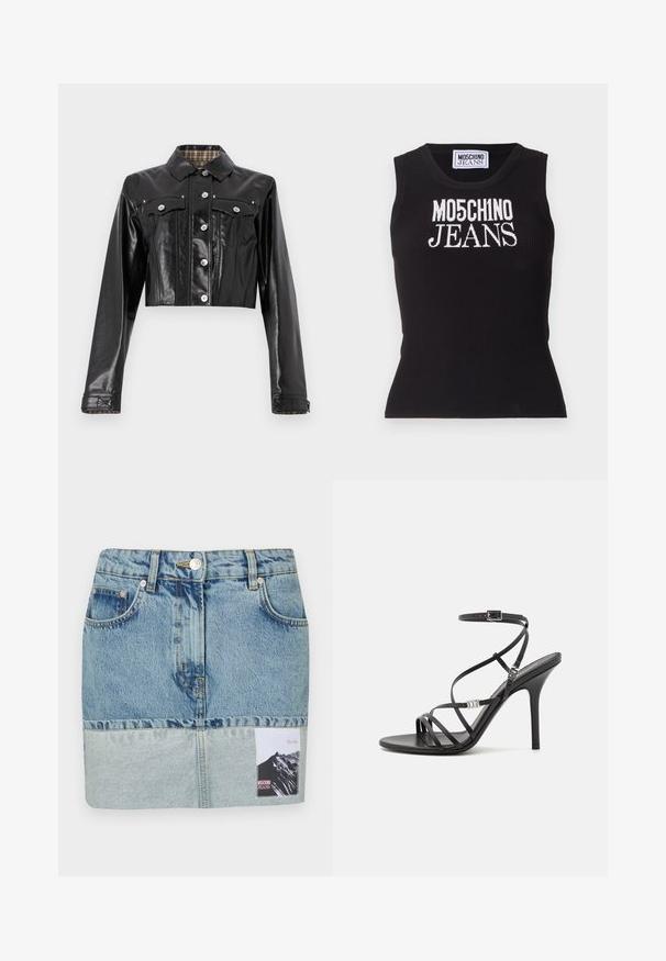 Rabanne Cowboyjakker - black; Sort ribbet tanktop med "MO5CH1NO JEANS" i hvid broderi. Tætsiddende design med rund hals og uden ærmer.; Denim mini skirt med en gradient blå farveskala, fem-lomme design, sølv hardware og et trykt mærke med et bjerggrafik.; Sort højhælet sandal med tynde stropper, en ankelspænde, en glat læderoverflade og en slank stilethæl.