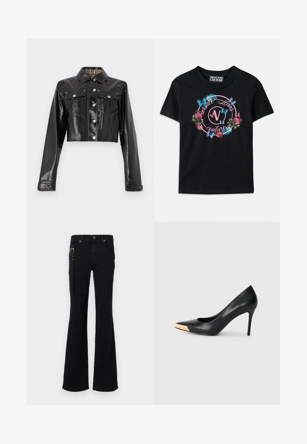 Rabanne Veste en jean - black; T-shirt noir avec un graphique coloré de fleurs et de papillons, agrémenté d'accents roses et bleus. "Versace Jeans Couture" imprimé dans un design circulaire.; Jeans évasés noirs en tissu texturé avec un motif subtil, quincaillerie argentée et poches avant. Détail zippé sur le côté.; Pompe à talon haut en cuir noir avec bout pointu ; présente une accentuation métallique dorée sur le capuchon. Surface lisse avec un design épuré.