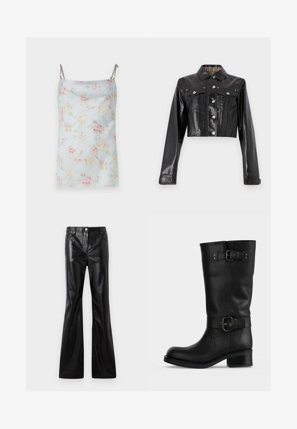 Rabanne Denimová bunda - black; Rabanne Top - pink/blue/green/yellow; Rabanne Džínsy široké - black; Vysoká čierna kožená čižma s dvoma nastaviteľnými prackami a nízkym blokovým podpätkom na jednoduchom pozadí.