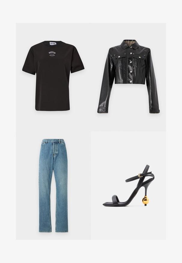 Rabanne Denimová bunda - black; Čierne bavlnené tričko s krátkymi rukávmi, s okrúhlym výstrihom a bielym vyšívaným logom "Moschino Jeans" na hrudi.; Svetlomodré denimové džínsy s rovnými nohavicami, päť vrecami a viditeľným pásom. Štruktúra je mierne opotrebovaná, ale intaktná.; Čierne sandále na vysokom opätku s tenkým remienkom okolo členku a unikátnym zlatým guľatým detailom na opätku, s dizajnom štvorcového prsta.