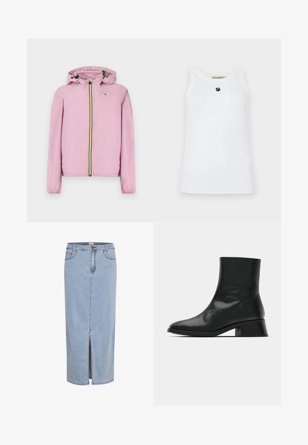 Chaqueta con capucha en rosa claro, cremallera de rayas multicolor y pequeño logo en el pecho izquierdo, puños elásticos y cordones ajustables en la capucha.; Camiseta sin mangas blanca de algodón, con un escote redondo y un pequeño logo de un oso negro en el centro. Textura suave.; Falda de mezclilla azul clara, hasta la rodilla, con una abertura frontal, presillas para cinturón y cierre de botón metálico con costura en contraste.; Botín negro de tobillo hecho de cuero brillante, con un diseño elegante, punta afilada y un tacón bloque moderado para mayor estabilidad.
