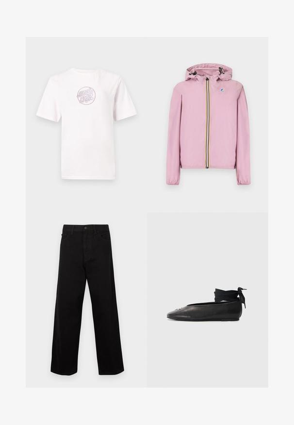 Lyserød hættetrøje med flerfarvet stribet lynlås og lille logo på venstre bryst, elastiske ærmegab og justerbare hættetråde.; Hvid bomulds t-shirt med korte ærmer, der har et cirkulært pink broderet logo med stiliseret tekst i midten.; Sorte, vide denimbukser med høj talje, fem lommer og frontlukning med knapper. Materialet virker robust med en glat tekstur.; Sort læderballethætte med spidse tæer, forsynet med et vævet stof ankelbånd og en lille dekorativ detalje på tæerne.