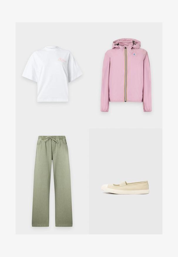 Veste à capuche rose clair avec fermeture éclair multicolore rayée et petit logo sur la poitrine gauche, poignets élastiques et cordons de capuche ajustables.; T-shirt blanc à manches courtes, col rond, coupe ample, avec un petit logo "Ellesse" rose pâle sur le côté gauche de la poitrine.; Pantalon vert clair à jambes larges avec taille élastique et cordon de serrage, poches avant et détails de couture subtils.; Chaussures beiges à enfiler avec une semelle en caoutchouc, bout rond en blanc, bande élastique sur le cou-de-pied et dessus en textile lisse.