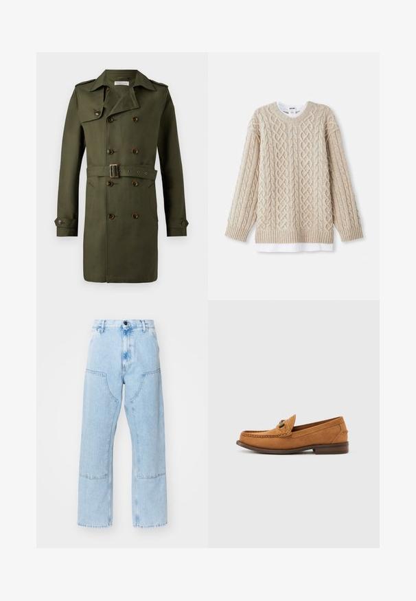 Oliven grøn dobbeltbrystet trenchcoat med brune knapper, en belagt talje og epauleter på skuldrene. Glat, tekstureret stof.; Beige strikket sweater med et kabelmønster, ribbede manchetter og kant. Lag-på-lag look med en hvid skjorte synlig forneden.; Lyseblå, lige ben denim jeans med store forlommer og kontraststing. Stoffet har en lysnet, blød tekstur.; Lysebrun herre loafer i ruskind med metalbitdetalje og synlig syning på moc-tåen, vist i profil mod en ensfarvet hvid baggrund.