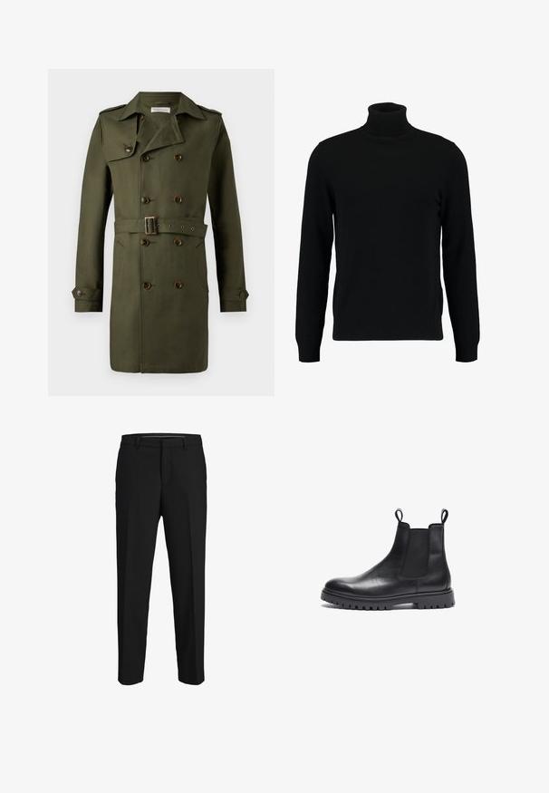 Olijfgroene dubbelgevoegde trenchcoat met brown knopen, een ceintuur in de taille en epauletten op de schouders. Glad, gestructureerd materiaal.; Zwarte coltrui gemaakt van een zacht breimateriaal. Heeft lange mouwen, een geribbelde kraag en zoom. Eenvoudig, strak ontwerp zonder patronen.; Zwarte broeken van een gladde stof, met een rechte snit, riemlussen en een platte voorkant zonder zichtbare patronen of versieringen.; Zwarte leren Chelsea boots met een gestructureerde afwerking, elastische zijkanten en trekkers. Voorzien van een chunky rubberen zool met profiel.