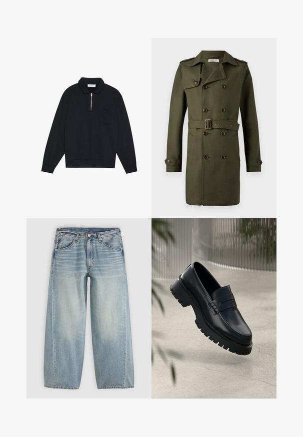 Oliven grøn dobbeltbrystet trenchcoat med brune knapper, en belagt talje og epauleter på skuldrene. Glat, tekstureret stof.; Pier One Sweatshirt - black; Lyseblå viddebenede cowboybukser med forlommer, bæltestropper, knaplukning og subtil falmning på lårene mod en ensfarvet baggrund.; Sorte læder loafers med en chunky sål, der har en dekorativ rem og syninger. Glat tekstur med en poleret overflade.
