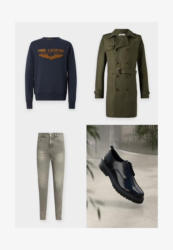 Olivgrüner, doppelt geknöpfter Trenchcoat mit braunen Knöpfen, tailliertem Gürtel und Schulterklappen. Glattes, texturiertes Gewebe.; Marineblaue Sweatshirt aus Baumwolle, mit goldenem bedrucktem Logo mit Flügeln. Rundhalsausschnitt, lange Ärmel, gerippte Bündchen und Saum.; Hellgraue Skinny Jeans aus Denim mit hoher Taille, fünf Taschen, leichter Used-Optik und dezentem Ausbleichen im gesamten Stoff.; Schwarzer Lederschuh mit glänzender Oberfläche, runder Spitze, Schnürdesign, kontrastierenden Nähten und einer dicken Gummisohle mit Profilmuster.