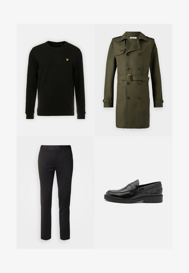 Manteau trench à double boutonnage vert olive avec des boutons marron, une taille ceinturée et des épaulettes sur les épaules. Tissu lisse et texturé.; Sweatshirt noir en coton, avec des manches longues et un col rond. Logo d'oiseau jaune remarquable sur la poitrine gauche. Texture lisse.; Pantalons noirs en tissu lisse, avec une coupe droite, fermeture à bouton à l'avant et passants de ceinture, présentés sur un fond blanc.; Mocassins en cuir noir avec une finition lisse, un bout rond, un petit talon et descoutures décoratives à l'avant. Semelle en caoutchouc pour l'adhérence.