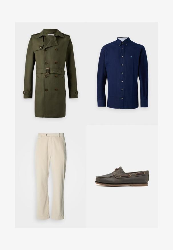 Trench coat de doble botonadura en color verde oliva con botones marrones, cintura ceñida y hombreras en los hombros. Tejido suave y texturizado.; Camisa de algodón color azul marino con cuello botón, botones marrones y un patrón a cuadros en el interior del cuello. Presenta un sutil logo bordado.; Pantalones de pana beige con cierre de botón y cremallera, trabillas para cinturón y corte recto sobre un fondo blanco.; Zapato de barco de cuero marrón oscuro con un perfil bajo, que cuenta con ojales de latón y costuras en contraste, suela plana de goma y acabado texturizado.