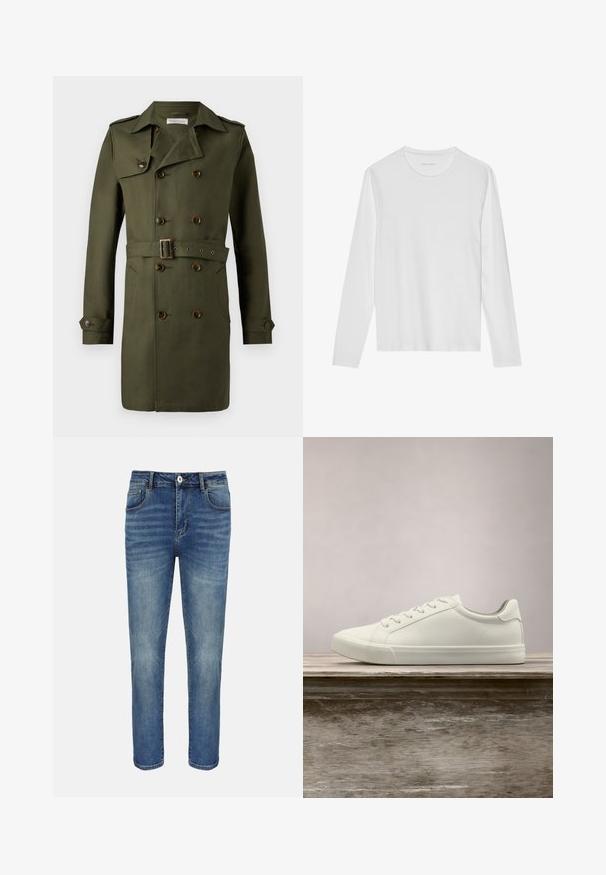 Olivgrüner, doppelt geknöpfter Trenchcoat mit braunen Knöpfen, tailliertem Gürtel und Schulterklappen. Glattes, texturiertes Gewebe.; Langärmeliges weißes T-Shirt aus weicher Baumwolle, mit rundem Ausschnitt und glatter Textur ohne sichtbare Muster oder Akzente.; Blaue gerade geschnittene Jeans mit vorderer Knopfleiste und Reißverschluss, Gürtelschlaufen sowie Vorder- und Gesäßtaschen.; Weiße Schnürsneaker, die über einer Holzbank mit grünem Laub im Hintergrund schweben und das Schuhdesign sowie die Textur zeigen.