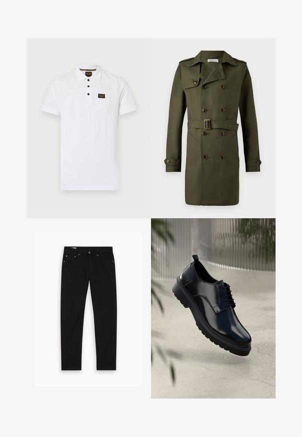 Olijfgroene dubbelgevoegde trenchcoat met brown knopen, een ceintuur in de taille en epauletten op de schouders. Glad, gestructureerd materiaal.; Witte polo shirt gemaakt van gestructureerd katoen, met een drieknops sluiting, korte mouwen en een zwart logo op de borst.; Zwarte rechttoe rechtaan jeans met voor- en achterzakken, riemlussen en een knoop- en ritssluiting, plat gelegd op een witte achtergrond.; Zwarte leren schoen met een glanzende afwerking, ronde neus, vetersluiting, contrasterende stiksels en een dikke rubberen zool met profielpatronen.