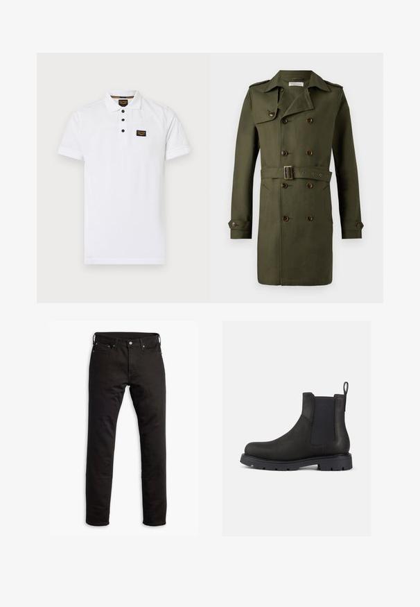 Olijfgroene dubbelgevoegde trenchcoat met brown knopen, een ceintuur in de taille en epauletten op de schouders. Glad, gestructureerd materiaal.; Witte polo shirt gemaakt van gestructureerd katoen, met een drieknops sluiting, korte mouwen en een zwart logo op de borst.; Zwarte denimjeans met een rechte pasvorm, zijzakken en een knoopsluiting. De stof heeft een soepele textuur en minimale details.; Zwarte leren Chelsea-boot met elastische zijpanelen, een trekband en een gestructureerde rubberen zool voor grip. Slank ontwerp en subtiele afwerking.