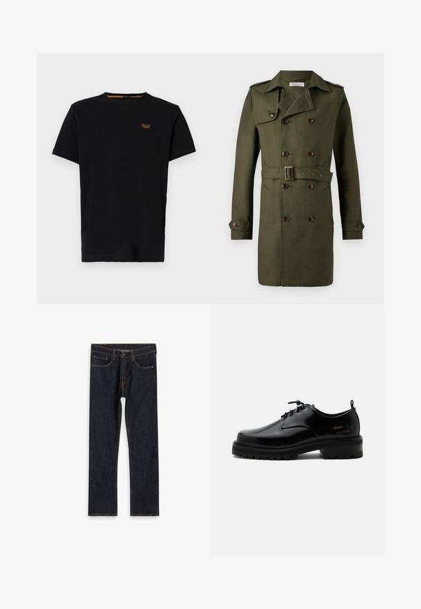 Olivgrüner, doppelt geknöpfter Trenchcoat mit braunen Knöpfen, tailliertem Gürtel und Schulterklappen. Glattes, texturiertes Gewebe.; Schwarzes Baumwoll-T-Shirt mit kurzen Ärmeln, Rundhalsausschnitt und einem kleinen, kontrastierenden gelben Markenpatch auf der linken Brustseite.; Dunkelblaue, gerade geschnittene Jeans aus Denim mit Fronttaschen, Gürtelschlaufen und kontrastierendem orangefarbenem Nähen, flach auf weißem Hintergrund ausgelegt.; Schwarzer polierter Lederschnürschuh mit dicker Gummisohle und niedrigem Absatz, seitlichem Marken-Schriftzug "SAMSOE" und hinterer Zuglasche.