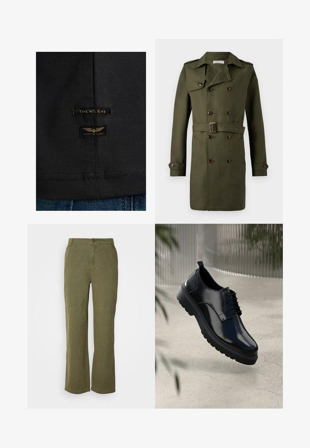 Trench coat de doble botonadura en color verde oliva con botones marrones, cintura ceñida y hombreras en los hombros. Tejido suave y texturizado.; Camiseta de algodón negra con dos etiquetas: "TIPO N°: C-46" y "CLÁSICO AMERICANO", con texto en dorado y un gráfico de alas. Detalle de dobladillo cosido.; Pantalones de algodón verde oliva con diseño de pierna recta, cierre de botón visible y costuras en las rodillas para añadir detalles y estructura.; Zapato de cuero negro con un acabado brillante, puntera redonda, diseño de cordones, costuras de contraste y una suela de goma gruesa con patrones de tracción.