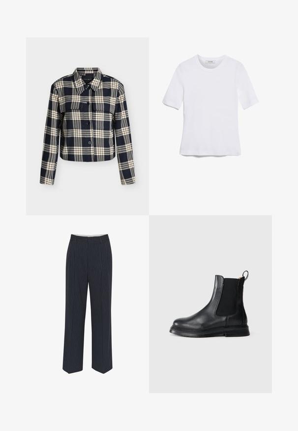 Sort-hvid ternet skjortejakke med knapper, lange ærmer og to brystlommer på en ensfarvet baggrund.; Hvid kortærmet t-shirt lavet af ribbet stof. Rund halsudskæring, almindelig pasform og subtile syninger. Ingen mønstre eller grafik.; Mørkeblå bukser med hvide lodrette striber, vide ben, glat stof, bælteløkker og en midtersøm foran for et skræddersyet udseende.; Sorte læder Chelsea-støvler med elastiske sidepaneler, rund tå og en tekstureret sort gummisål. Har en løftestrop for nem påtagning.