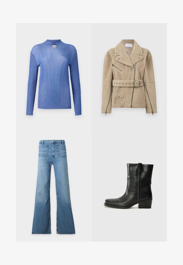 Beige sherpa fleece bikerjakke med brede revers, asymmetrisk frontlynlås, sidelomme og brystlynlåslommer, bælte i taljen og lynlåse ved ærmekanterne.; Blå ribbet striktrøje med høj hals og lange ærmer. Den har en struktureret overflade og let glimmer, hvilket giver en tætsiddende silhuet.; Højtaljede lyseblå denimjeans med brede vidde ben og forlommer med lap, knaplukning og bæltestropper.; Sort læder ankelstøvle med rundt tå, blokhæl, lynlås i siden og stikninger på vampsiden. Glat tekstur, klassisk design.