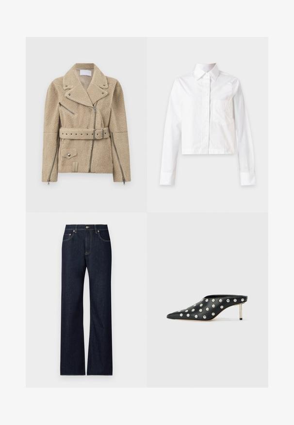 Veste de motard en polaire sherpa beige avec larges revers, fermeture éclair asymétrique à l'avant, poches zippées latérales et poitrine, taille ceinturée et poignets zippés.; Chemise blanche à manches longues avec boutons, col et poche poitrine, présentée à plat sur un fond gris clair.; Jean en denim bleu foncé avec une coupe droite, comprenant cinq poches, des coutures jaunes contrastées et une fermeture à bouton en métal.; STAND STUDIO KELSEY - Mules à talons - black