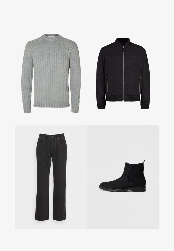 Veste bomber noire en tissu lisse, dotée d'une fermeture éclair, de deux poches latérales et de poignets et d'un ourlet côtelés. Logo brodé sur la poitrine.; Pull en tricot gris clair avec un motif torsadé, col rond et poignets et ourlet côtelés. Confectionné en tissu doux et texturé.; Jean en denim noir avec une coupe droite, dotés d'une fermeture à bouton à l'avant, de passants de ceinture et de deux poches latérales. Tissu texturé.; Bottine Chelsea en suède noir avec panneaux latéraux élastiques, bout arrondi, texture subtile et tirant à l'arrière. Semelle plate en caoutchouc.