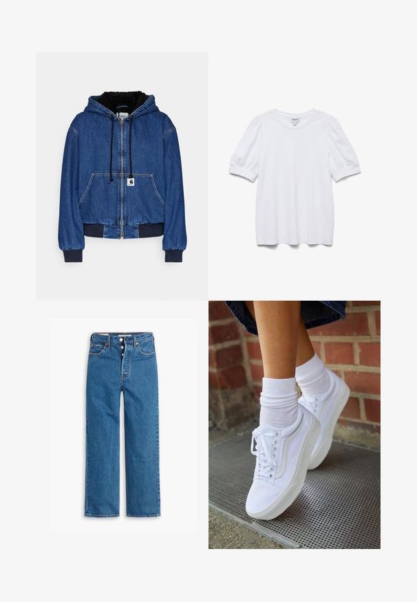Carhartt WIP ACTIVE JACKET - Chaquetas bomber - blue; Top blanco de manga corta con cuello redondo y mangas abullonadas. Hecho de una tela suave, presenta una etiqueta con la frase "AWARE".; Vaqueros de mezclilla azul de pierna recta con una cintura alta, diseño de cinco bolsillos y cierre de botones. Costuras visibles y remaches de tono cobrizo.; Zapatillas de lona blancas con suelas de goma, que presentan seis ojales, puntera redonda y detalles de costura ligera, combinadas con calcetines blancos hasta el tobillo.