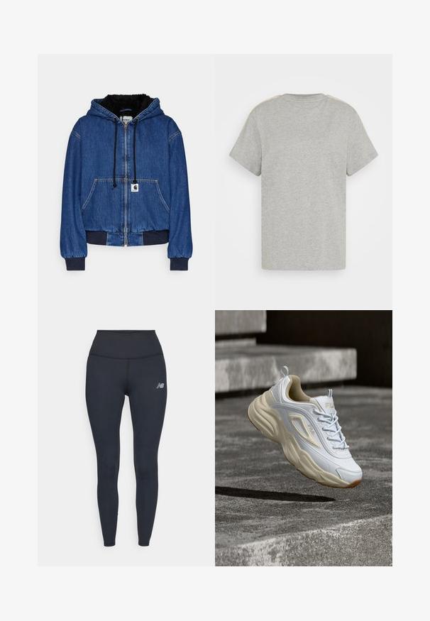 Carhartt WIP ACTIVE JACKET - Bomber-jakk - blue; adidas Originals SNAKETEE - Trükipildiga T-särk - medium grey heather; Mustad kõrge vöökohaga legginsid, mis on valmistatud venivast materjalist, omavad sujuvat disaini ja väikest peegeldavat logo reie kohal.; Valge ja beež FILA tennisejalanõu paksu tallaga, hõljumas tekstuursete betoonastmete kohal, millest langeb varju alla.