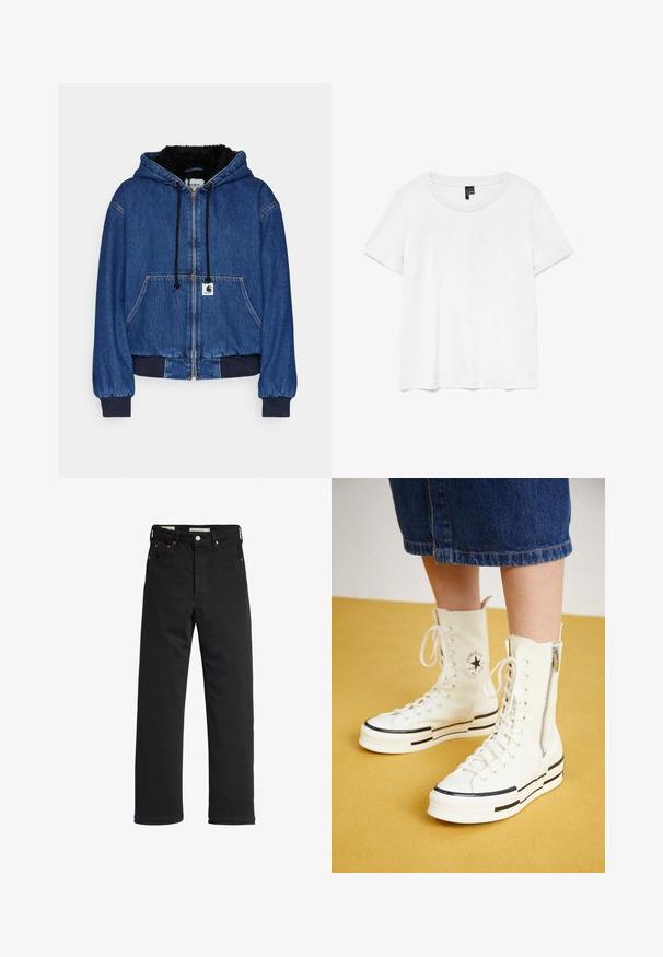 Carhartt WIP ACTIVE JACKET - Bombertakki - blue; Valkoinen lyhythihainen t-paita pyöreällä kaula-aukolla, valmistettu kevyestä kankaasta. Yksinkertainen muotoilu, sileä pinta ja suora helma.; Mustat denim-farkut suoranlahkeisella istuvuudella, joissa on korkea vyötärö, viisi taskua, metallinappikiinnitys ja vähäiset ommellusyksityiskohdat.; Valkoiset korkeavartiset tennarit, joissa on vetoketjukiinnitys, nauhakuosi ja mustat raidat paksulla pohjalla. Teksturoitu canvas-materiaali.