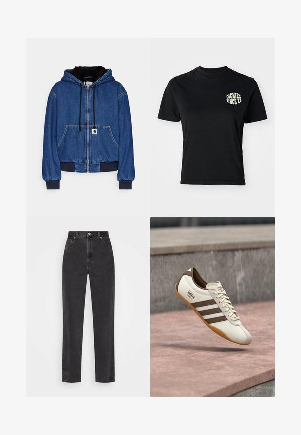 Carhartt WIP ACTIVE JACKET - Bomberjakke - blue; Sort bomulds t-shirt med rund hals og korte ærmer; har et lys grønt grafik "DICKIES SINCE '22" på venstre brystområde.; Sorte denim jeans med lige ben, høj talje, foran knap og lynlås, samt fem-lomme stil på en hvid baggrund.; Hvid sneaker med brune accenter og tre striber, med en ruskindsnæse, cremefarvede snørebånd og en sål af gummigummi. Mærkets logo vist.