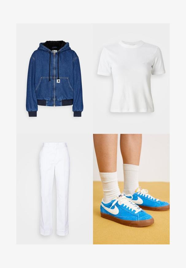 Carhartt WIP ACTIVE - Denimová bunda - blue; Biely rebrovaný tričko s krátkymi rukávmi a okrúhlym výstrihom, s malým logom na hrudi. Vyrobené z mäkkej tkaniny s priliehavým strihom.; Biele nohavice s rovnými nohavicami vyrobené z bavlny. Majú plochý predný diel, pútka na opasok a žiadne viditeľné vrecká. Hladká textura a minimalistický dizajn.; Modré semišové tenisky Nike s bielymi akcentmi, plochými šnúrkami a hnedými gumovými podrážkami, doplnené o rebrové biele ponožky.