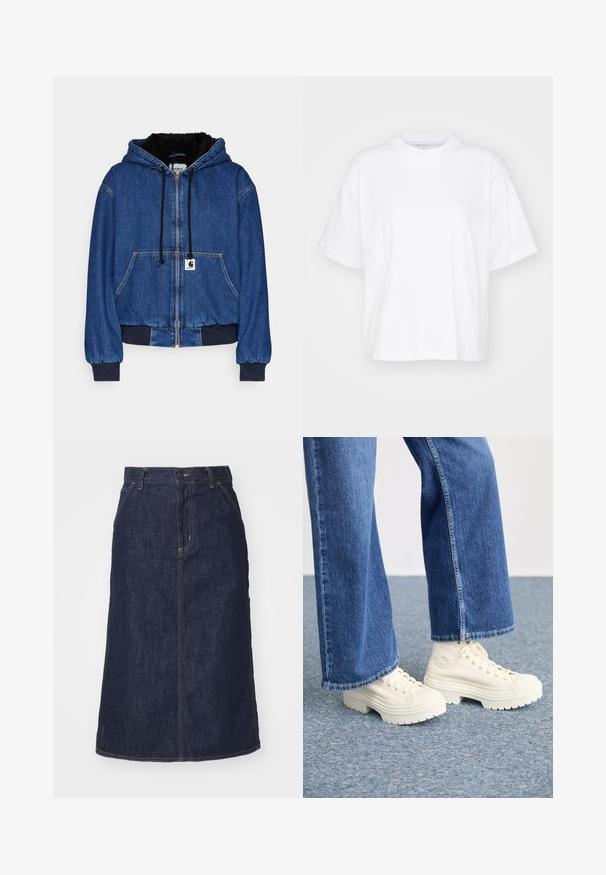 Carhartt WIP ACTIVE JACKET - Bomberjacke - blue; Weißes Baumwoll-T-Shirt mit Rundhalsausschnitt, kurzen Ärmeln und lockerer Passform. Verfügt über ein dezentes Logo auf der linken Brustseite. Glatte Textur.; Dunkelblaue Jeansrock mit hoher Taille, geradem Schnitt, aufgesetzten Taschen und genähten Nähten. Mit einem Reißverschluss und einem Knopfverschluss an der Taille.; Weiße High-Top-Sneaker mit dicken, geriffelten Sohlen und kreisförmigem Logodetail, getragen mit hellblauen, weit geschnittenen Jeans.