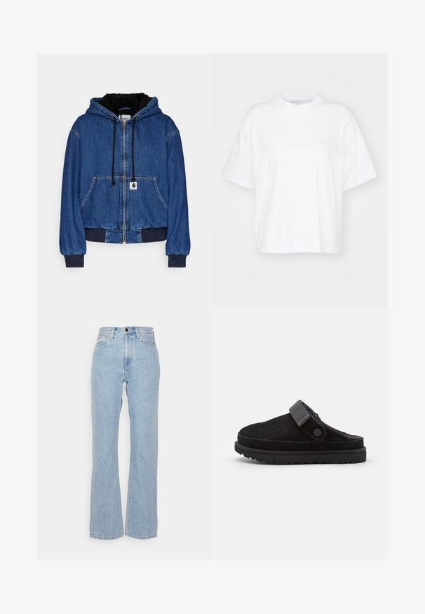 Carhartt WIP ACTIVE JACKET - Bomberjakke - blue; Hvid bomulds t-shirt med rund hals, korte ærmer og en afslappet pasform. Har et diskret logo på venstre brystområde. Glat tekstur.; Lysblå denimjeans med høj talje, bred benudskæring, med bæltestropper, knaplukning foran og klassisk fem-lommer stil.; Sorte ruskindssandaler med rund tå, blød tekstur, justerbar rem og en tyk gummisål med mønstret slidbane for godt greb.