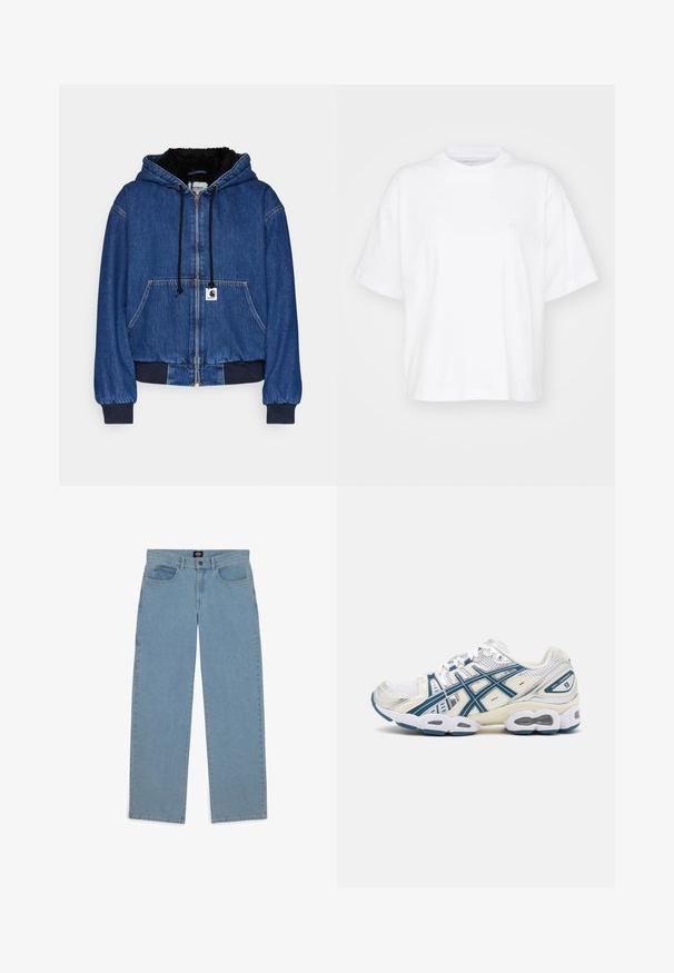 Carhartt WIP ACTIVE - Chaqueta vaquera - blue; Camiseta de algodón blanca con cuello redondo, mangas cortas y un corte relajado. Presenta un logo sutil en el área del pecho izquierdo. Textura suave.; Vaqueros azul claro, corte holgado, tejido de denim, diseño de cinco bolsillos, cierre de botón, perneras rectas, costuras visibles, sin patrones ni acentos.; ASICS SportStyle GEL-NIMBUS 9 - Zapatillas - white/light indigo