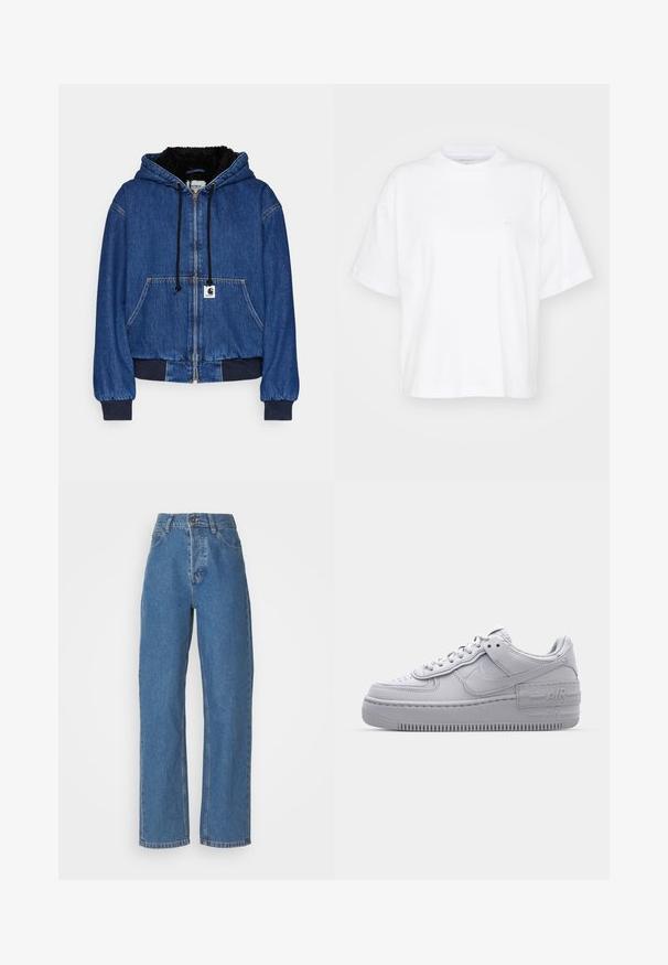 Carhartt WIP ACTIVE - Cowboyjakker - blue; Hvid bomulds t-shirt med rund hals, korte ærmer og en afslappet pasform. Har et diskret logo på venstre brystområde. Glat tekstur.; Højtaljede, lige ben blå jeans med en falmet finish. Har fem lommer, en knaplukning og subtile stikninger.; Grå Nike Air Force 1 sneakers med perforeret tå, glat læderoverdel, tyk sål og præget 'AIR' detalje på hælen.