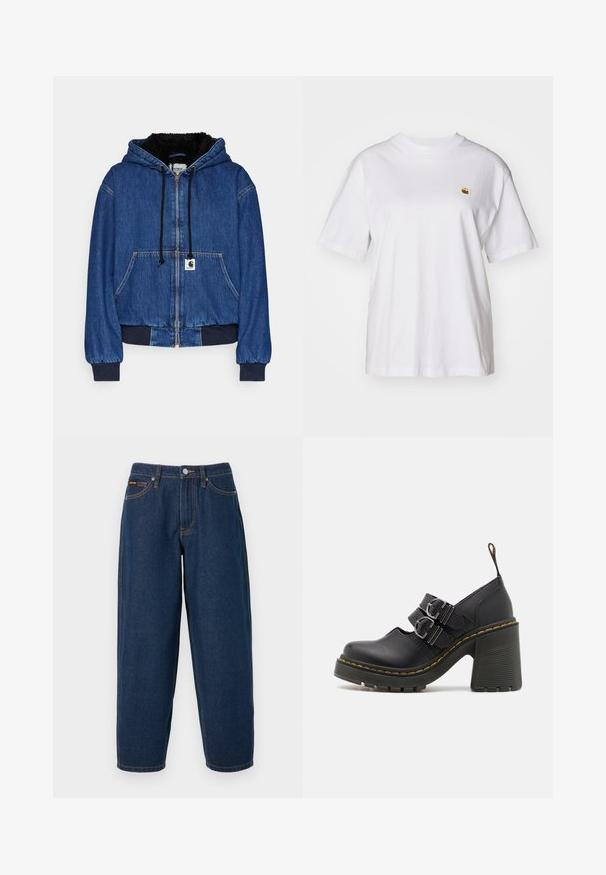 Carhartt WIP ACTIVE - Veste en jean - blue; T-shirt en coton blanc avec une coupe décontractée, des manches courtes et un petit logo brodé sur la poitrine gauche.; Jean denim bleu foncé coupe droite avec cinq poches, fermeture par bouton, et couture orange sur un fond uni.; Chaussures à talons hauts noires avec une semelle texturée, dotées de deux boucles en argent, de surpiqûres jaunes et d'une boucle à l'arrière pour un enfilage facile.
