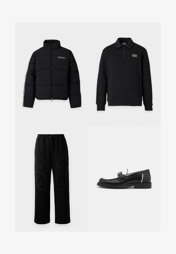 Schwarze gesteppte Jacke mit Frontreißverschluss, hohem Kragen und Logo-Patch auf der Brust mit gemusterten Streifen an den Ärmeln.; Schwarzer Langarm-Pullover mit kurzem Frontreißverschluss, gerippten Bündchen und EA7 Emporio Armani Logo auf der linken Brust und am Kragenetikett.; Schwarze Sweatpants mit lockerer Passform, die an den Seiten über aufwendige, spiralförmige Nähmuster verfügen und einen elastischen Bund mit Kordelzug haben.; Schwarze Lederloafers mit runder Zehenpartie, weißen Akzenten und goldenen Beschlägen auf dem Vorderblatt. Verfügt über ein strukturiertes Patch und einen gestapelten Absatz.