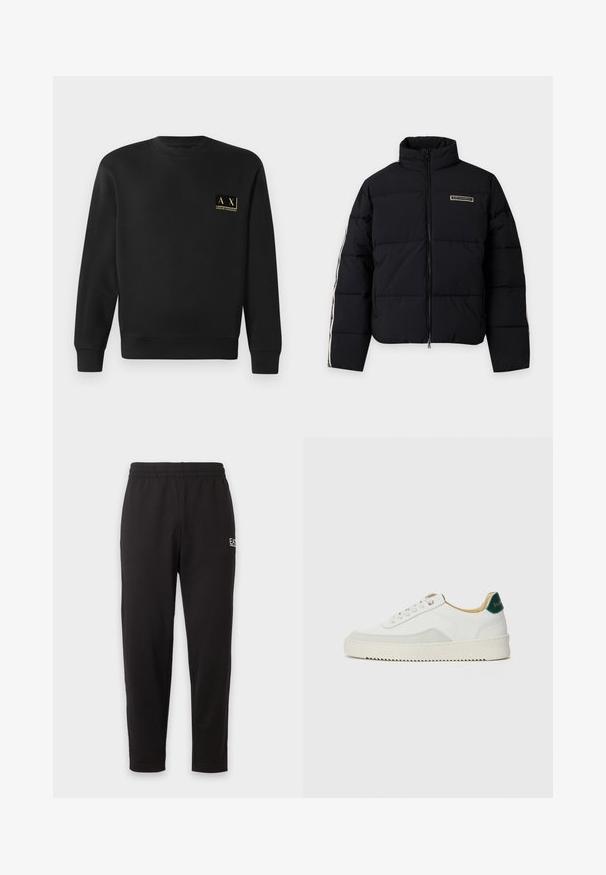 Schwarze gesteppte Jacke mit Frontreißverschluss, hohem Kragen und Logo-Patch auf der Brust mit gemusterten Streifen an den Ärmeln.; Schwarzer Langarm-Crewneck-Pullover mit kleinem beigen Armani Exchange-Logo auf der linken Brust.; Schwarze elastische Jogginghose mit zulaufenden Beinen und einem kleinen weißen Logo am oberen linken Oberschenkel.; Weiße Sneaker mit Wildlederelementen, runder Zehenpartie, flachen Schnürsenkeln und einer cremefarbenen Gummisohle. Mit grünen Markenlogo am Fersenbereich.