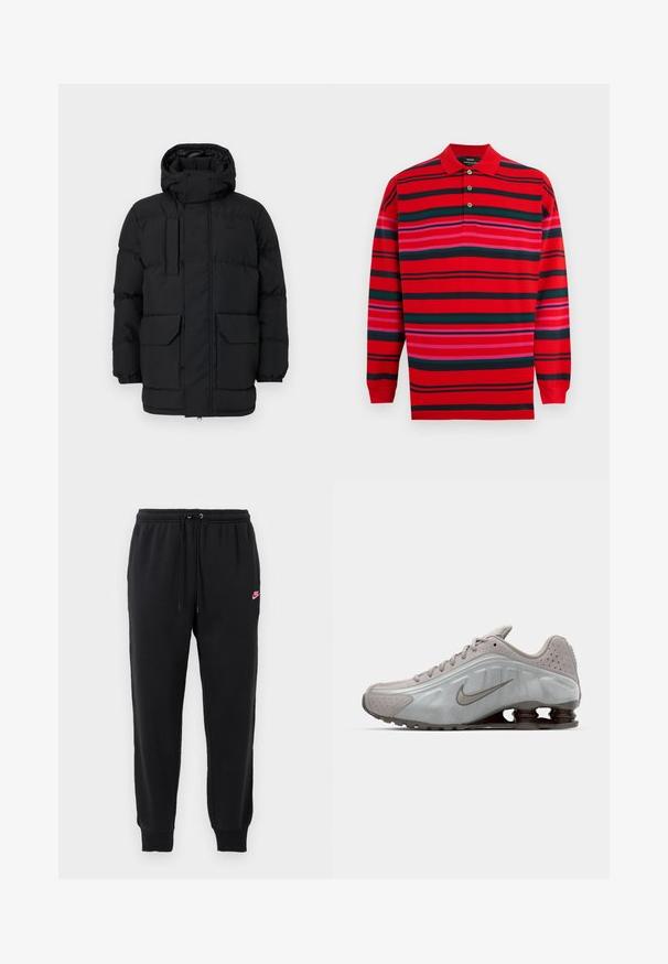 Sorte polstret jakke med hætte, der har trykknaplukninger, to forreste lommer og elastiske manchetter. Glat tekstur, afslappet design.; Rød poloshirt med lange ærmer, horisontale sorte, grønne og pink striber og tre knapper ved kraven.; Sorte svedbukser lavet af blødt stof med elastisk talje, justerbar snøre og et lille pink Nike-logo på venstre side.; Nike løbesko i lysegrå med en glat tekstur, buet design og synlige støddæmpningsfjeder i mørkebrun ved hælen.