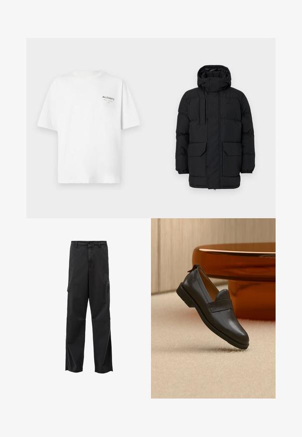 Sorte polstret jakke med hætte, der har trykknaplukninger, to forreste lommer og elastiske manchetter. Glat tekstur, afslappet design.; Hvid kortærmet bomulds T-shirt med lille sort "ALLSAINTS" tekst og japanske tegn trykt på venstre bryst.; Sorte cargo bukser med lige skæring, knaplukning og sidelommer. Glat stof med mat finish og uden synlige mønstre.; Sort læderloafer med lav hæl svævende over beige tæppe ved siden af et blankt ravfarvet bord i et minimalistisk rum.