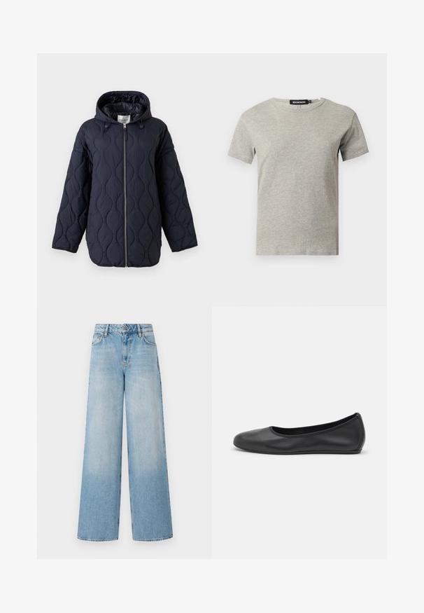 Mørkeblå quiltet jakke med hætte, fuld frontlynlås og snore til at justere hætten, vist mod en hvid baggrund.; Lysegrå kortærmet crew neck bomulds T-shirt med synligt sort mærke inde i kraven med teksten "DENIM" og størrelse "S".; Lyseblå brede jeans med høj talje, der har falmede ben, bæltestropper og traditionel metalknap samt lynlås lukning.; Sort læderballetsko med rund tå, glat tekstur, minimal syning og et fleksibelt såldesign.