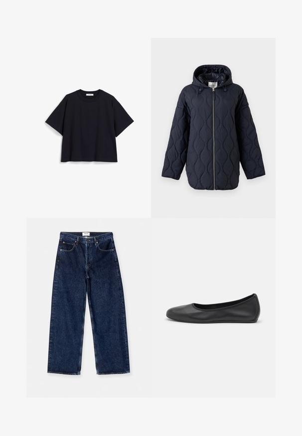 Marineblauwe doorgestikte jas met capuchon, volledige ritssluiting aan de voorkant en trekkoorden op de capuchon, weergegeven tegen een witte achtergrond.; Navyblauwe t-shirt met korte mouwen, gemaakt van zachte katoen, met een losse pasvorm, ronde halslijn en een minimalistisch ontwerp. Geen zichtbare patronen of accenten.; Donkerblauwe denim wijde broek met hoge taille, voorzakken en een gladde textuur met subtiele stikselaccenten.; Zwarte leren ballerina met een ronde neus, gladde textuur, minimale stikdetails en een flexibele zoolontwerp.