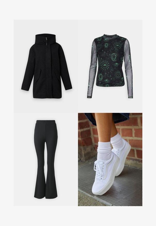 Must have villaneist mantel kõrge kraega, ees peidetud tõmblukk ja kaks nurga all asuvat klapiga taskut, esitatud valge tausta taustal.; Noisy May NMCARRIE HIGHNECK - Pikkade varrukatega topp - black; Mustast lõtvuvate pükste, mis on valmistatud venivast kangast. Omab kõrget vööd ja sujuvat, keha järgivat disaini, mis laieneb põlve alt allapoole.; Valged kanvas tennisikud kummitaldadega, kuue silmaga, ümmarguse varbaga ja kergete tikandite detailidega, koos valgete pahkluusokkidega.