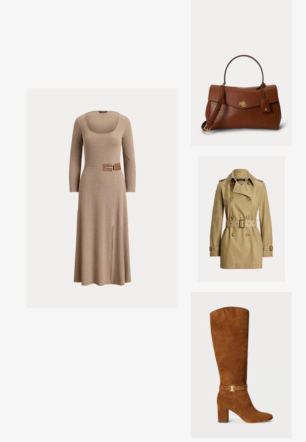 Beige dobbeltradet trenchcoat med bred krave, bælte med rektangulært spænde, knappede skulderstropper og justerbare ærmebånd.; Brun langærmet kjole med firkantet udskæring og en bælte i taljen, prydet med en metalspænde. Stoffet er blødt med en let glans og har en sideslids.; Brune ruskind knæhøje støvler med firkantet tå, kraftig hæl og en guldfarvet spænde detalje på en matchende ruskind rem omkring anklen.; Brun læderhåndtaske med guld RLL-logo, top-håndtag, aftagelig skulderrem og et lille fastgjort lædermærke.