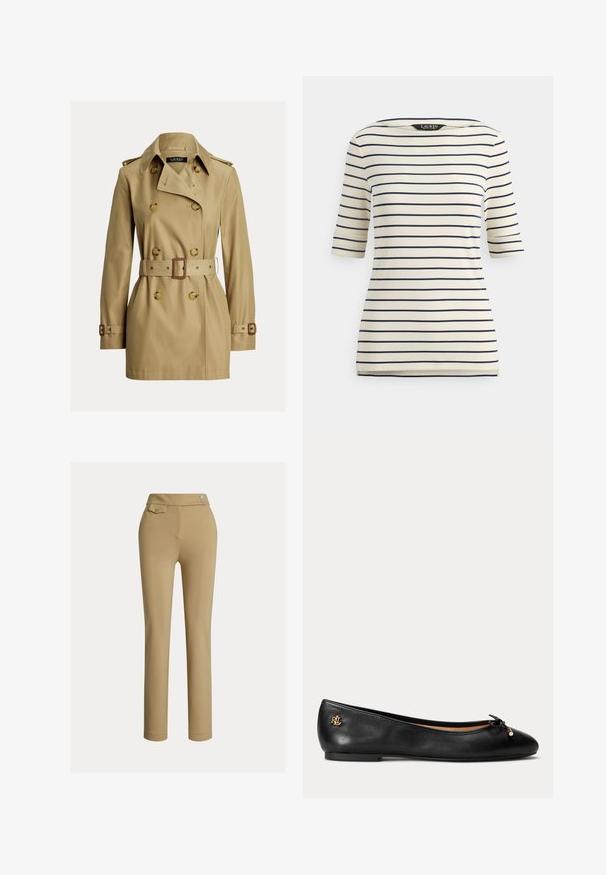 Beiger doppelt geknöpfter Trenchcoat mit weitem Kragen, Gürtel mit rechteckiger Schnalle, geknöpften Schulterriemen und verstellbaren Ärmelriemen.; Dreiviertelärmliges Shirt mit creme- und marineblauen Streifen, Bootsausschnitt und kleinen seitlichen Schlitzen am Saum.; Beige Slim-Fit-Hosen für Frauen mit hoher Taille, zwei Knöpfen an der Seite und einer kleinen Knopftasche nahe des Bundes.; Schwarzer Leder-Ballerina mit kleinem Schleifchen und goldfarbenem Logo-Detail an der Ferse, flache Sohle und abgerundete Spitze.